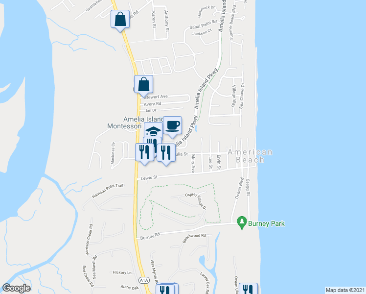 map of restaurants, bars, coffee shops, grocery stores, and more near 95141 Amalfi Drive in Fernandina Beach