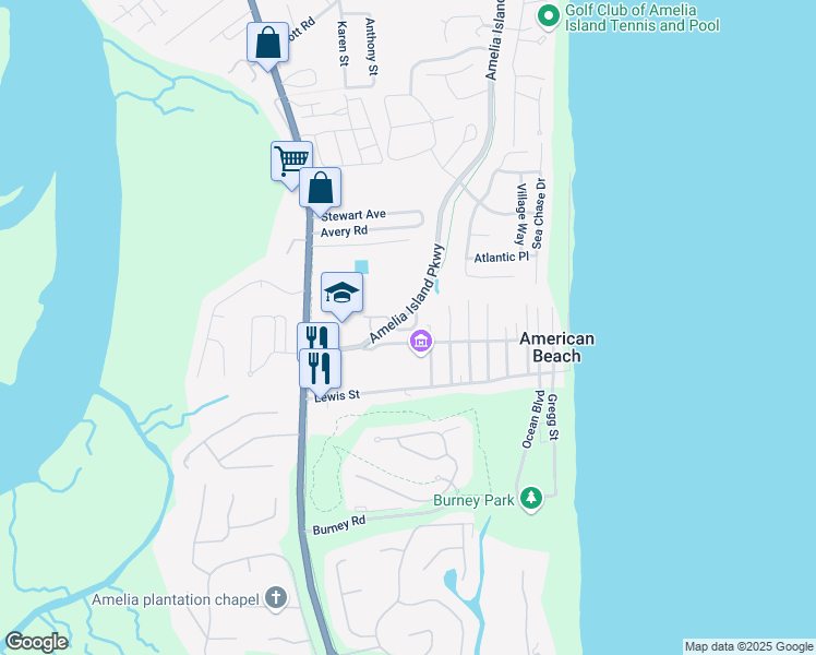 map of restaurants, bars, coffee shops, grocery stores, and more near 95141 Amalfi Drive in Fernandina Beach
