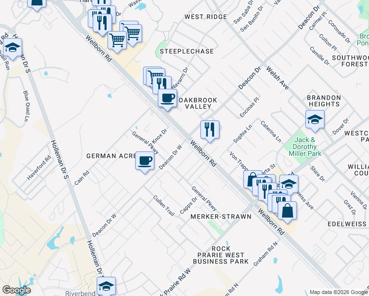 map of restaurants, bars, coffee shops, grocery stores, and more near 101 Deacon Drive in College Station