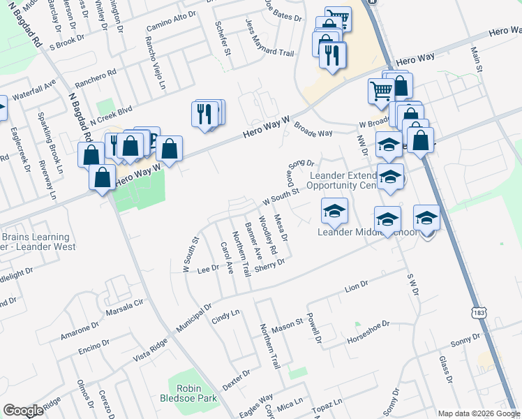 map of restaurants, bars, coffee shops, grocery stores, and more near 603 West South Street in Leander