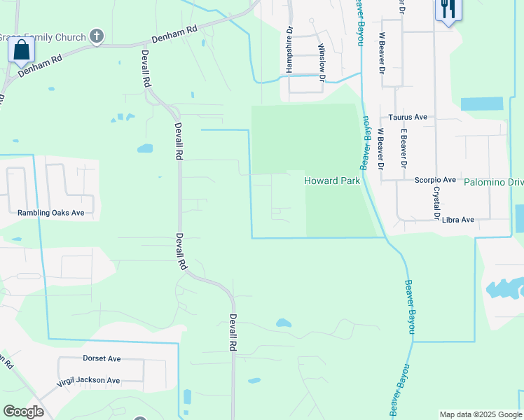 map of restaurants, bars, coffee shops, grocery stores, and more near 13921 Beaver Bend Road in Baton Rouge