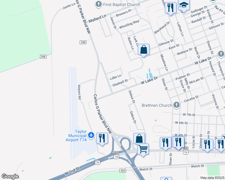 map of restaurants, bars, coffee shops, grocery stores, and more near 2309 Gladnell Street in Taylor