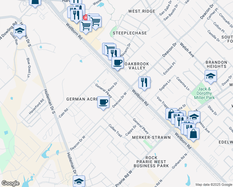 map of restaurants, bars, coffee shops, grocery stores, and more near 111 Knox Drive in College Station