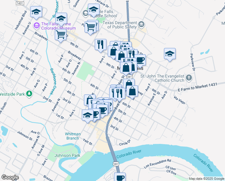 map of restaurants, bars, coffee shops, grocery stores, and more near 912 7th Street in Marble Falls
