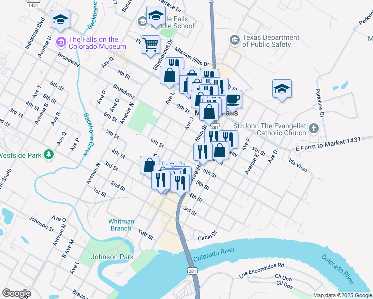 map of restaurants, bars, coffee shops, grocery stores, and more near 911 7th Street in Marble Falls