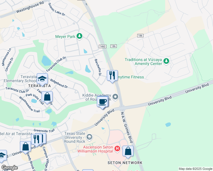 map of restaurants, bars, coffee shops, grocery stores, and more near 4350 Green Tree Drive in Round Rock