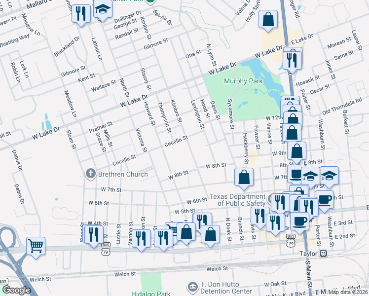 map of restaurants, bars, coffee shops, grocery stores, and more near 915 Cecelia Street in Taylor