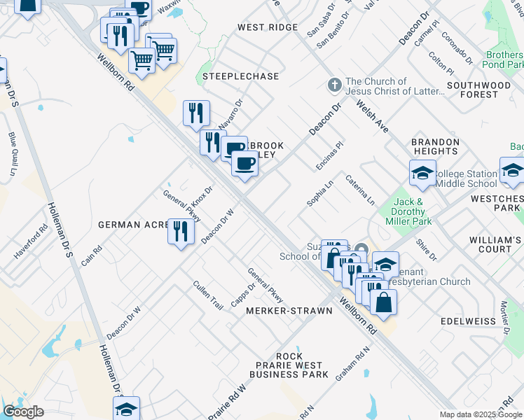 map of restaurants, bars, coffee shops, grocery stores, and more near 203 Fraternity Row in College Station