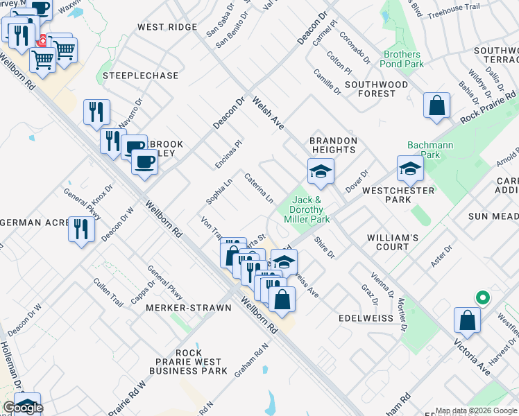 map of restaurants, bars, coffee shops, grocery stores, and more near 3218 Caterina Lane in College Station