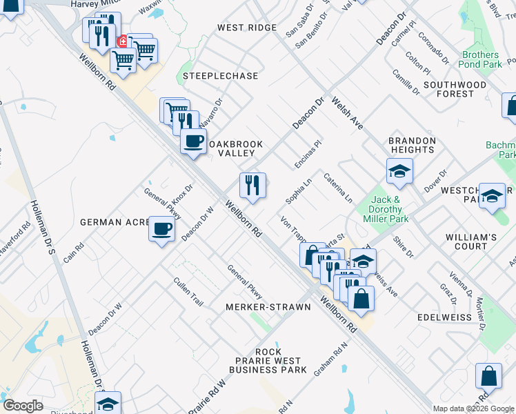 map of restaurants, bars, coffee shops, grocery stores, and more near 203 Fraternity Row in College Station