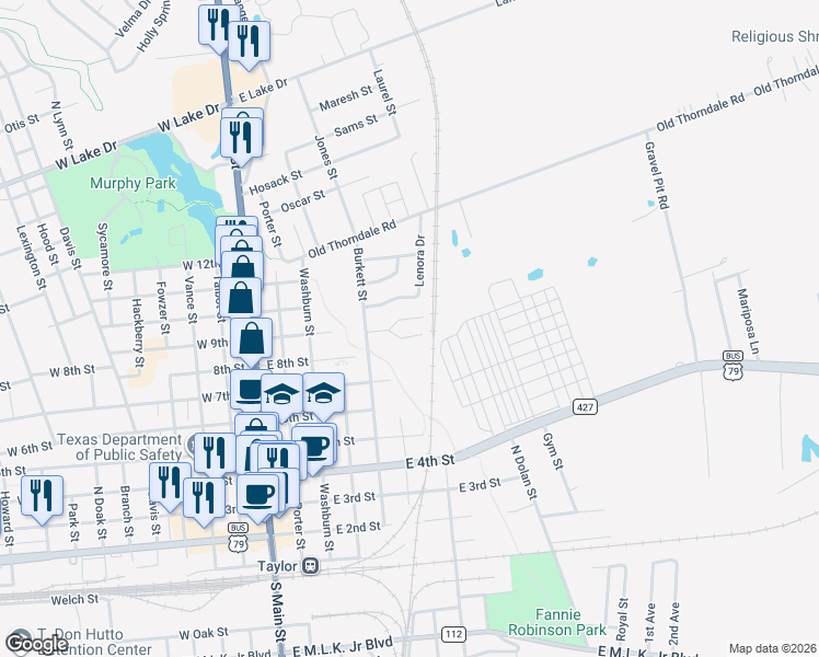 map of restaurants, bars, coffee shops, grocery stores, and more near 412 Lenora Drive in Taylor