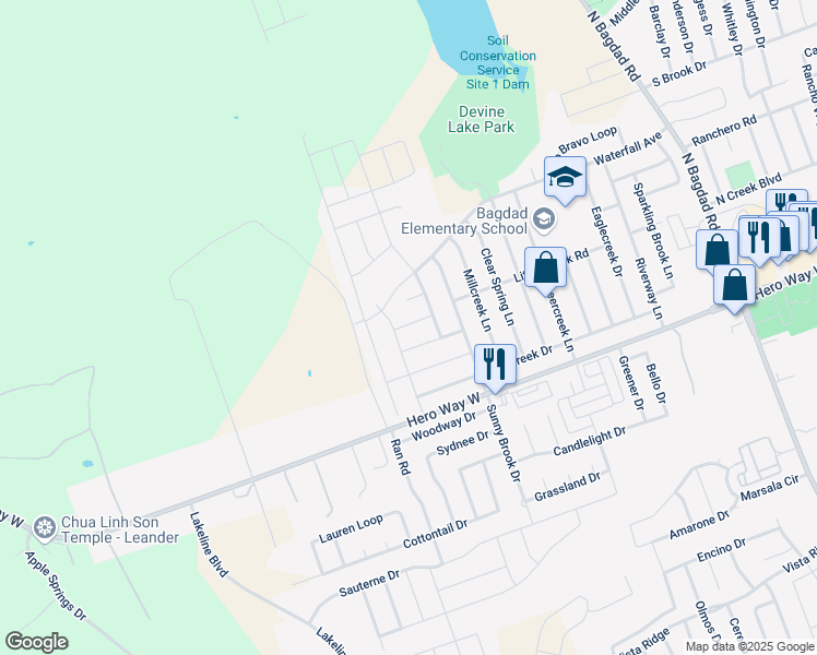 map of restaurants, bars, coffee shops, grocery stores, and more near 2037 Elk Creek Drive in Leander