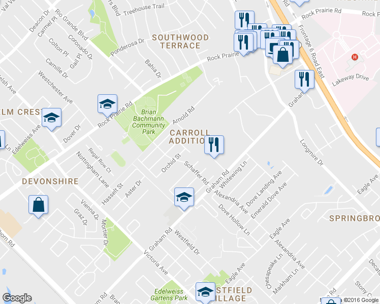 map of restaurants, bars, coffee shops, grocery stores, and more near 3527 Marigold Court in College Station