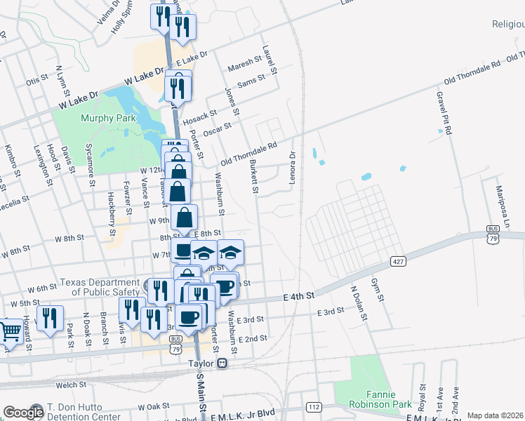 map of restaurants, bars, coffee shops, grocery stores, and more near 914 Burkett Street in Taylor