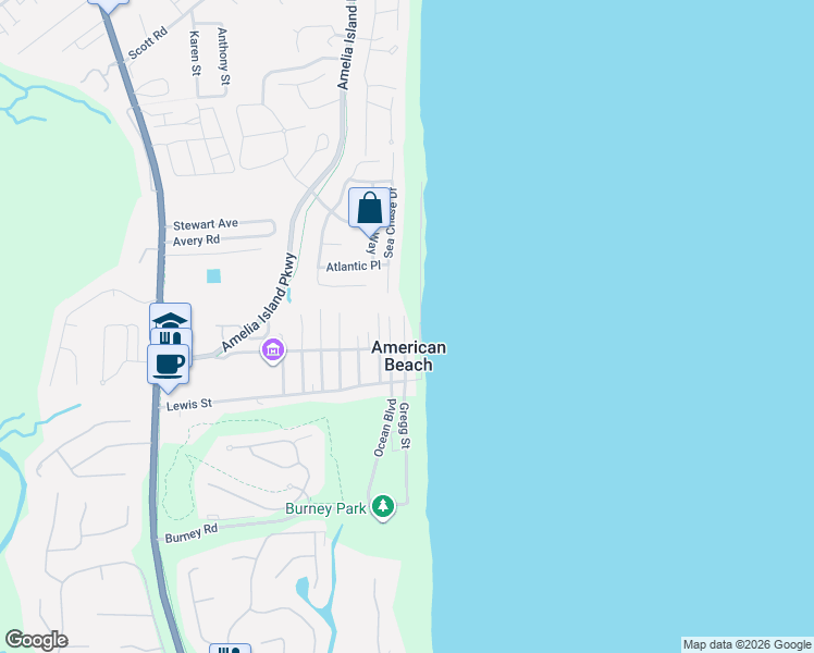 map of restaurants, bars, coffee shops, grocery stores, and more near 5406 Gregg Street in Fernandina Beach