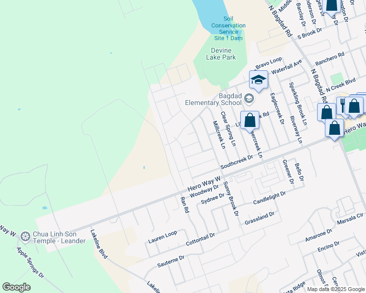 map of restaurants, bars, coffee shops, grocery stores, and more near 2037 Elk Creek Drive in Leander
