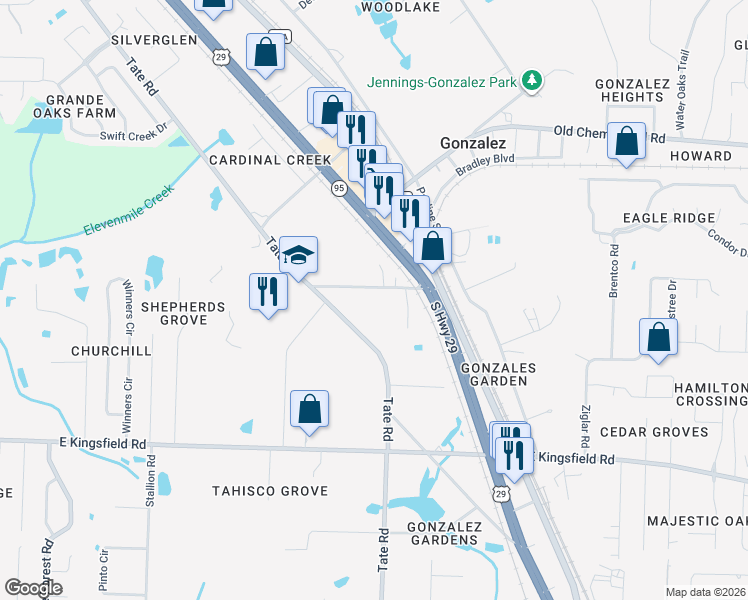 map of restaurants, bars, coffee shops, grocery stores, and more near 1353 Tate School Road in Gonzalez