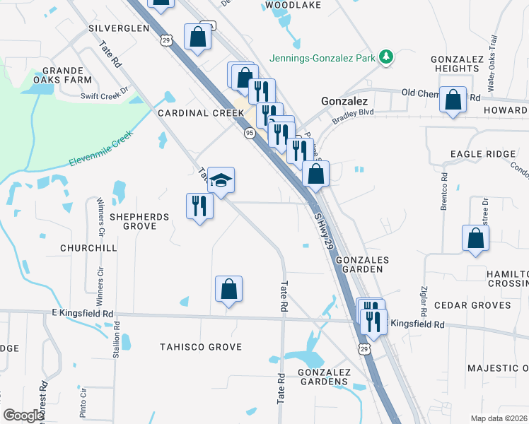 map of restaurants, bars, coffee shops, grocery stores, and more near 1353 Tate School Road in Cantonment