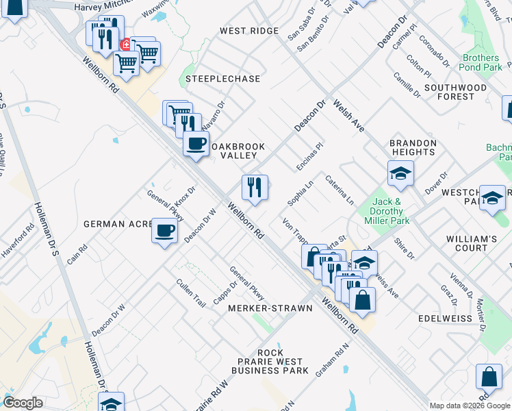map of restaurants, bars, coffee shops, grocery stores, and more near 203 Fraternity Row in College Station