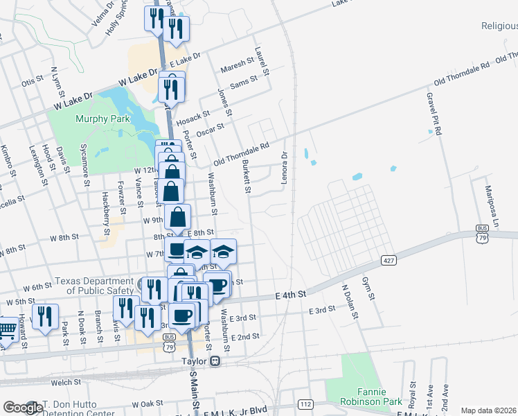 map of restaurants, bars, coffee shops, grocery stores, and more near 914 Burkett Street in Taylor
