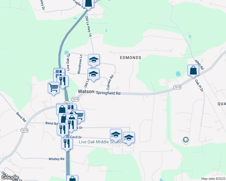 map of restaurants, bars, coffee shops, grocery stores, and more near 8446 Le Marie Court in Denham Springs