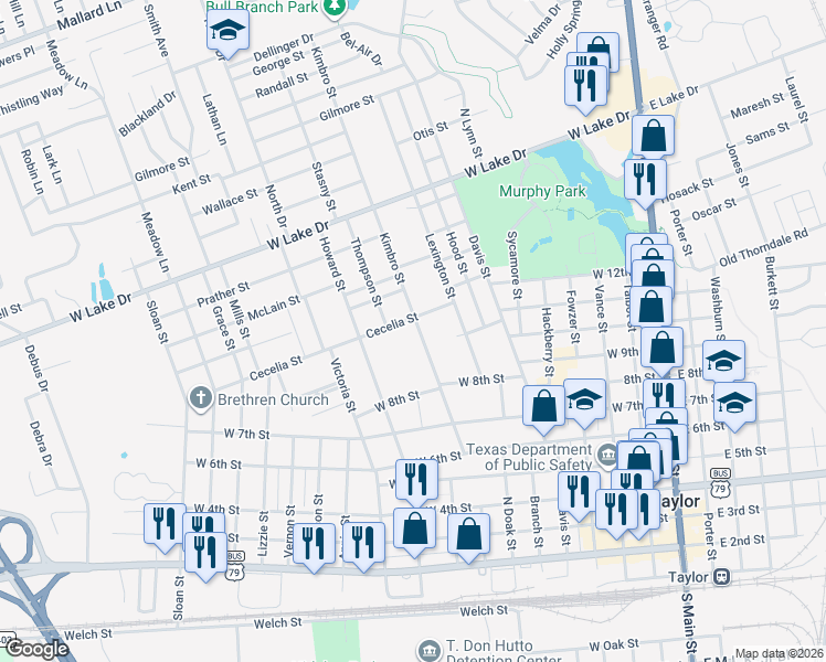map of restaurants, bars, coffee shops, grocery stores, and more near 915 Cecelia Street in Taylor