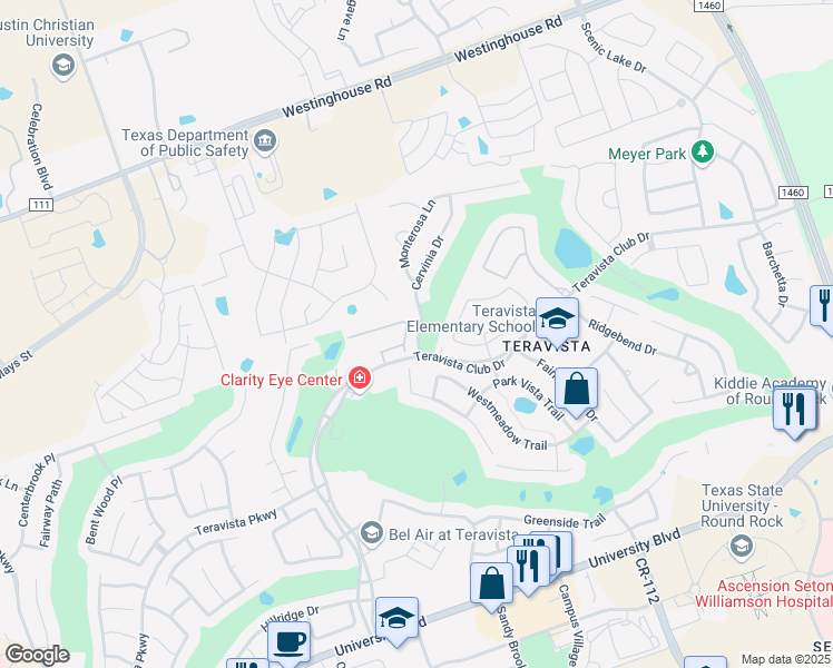 map of restaurants, bars, coffee shops, grocery stores, and more near 4492 Cervinia Drive in Round Rock