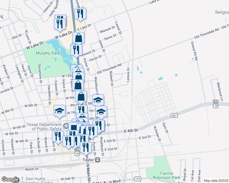 map of restaurants, bars, coffee shops, grocery stores, and more near 914 Burkett Street in Taylor