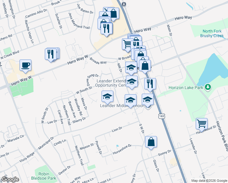 map of restaurants, bars, coffee shops, grocery stores, and more near 202 Fossil Trail in Leander