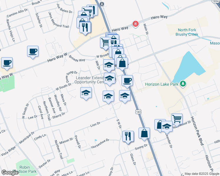 map of restaurants, bars, coffee shops, grocery stores, and more near 300 South West Drive in Leander