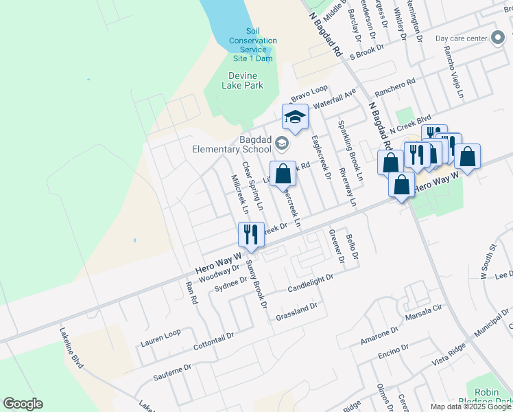 map of restaurants, bars, coffee shops, grocery stores, and more near 603 Clear Spring Lane in Leander