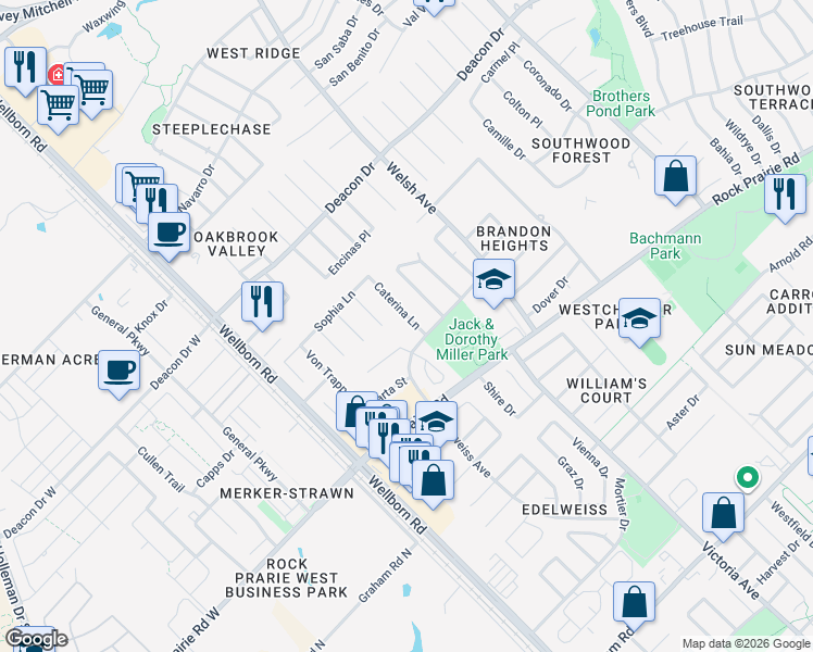 map of restaurants, bars, coffee shops, grocery stores, and more near 3218 Caterina Lane in College Station