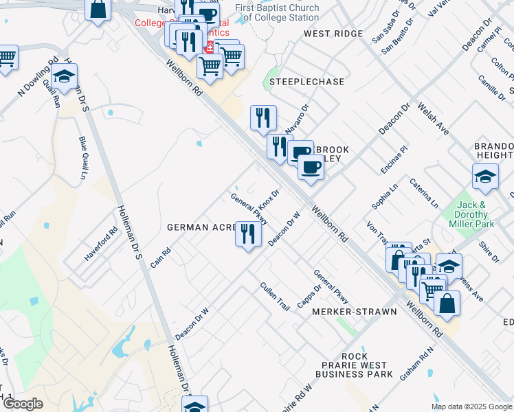 map of restaurants, bars, coffee shops, grocery stores, and more near 134 Knox Drive in College Station