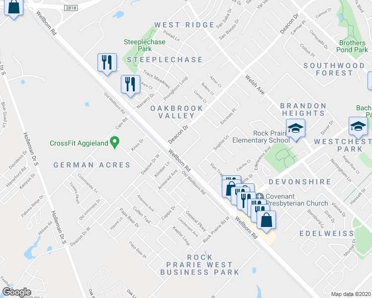 map of restaurants, bars, coffee shops, grocery stores, and more near 205 Fraternity Row in College Station