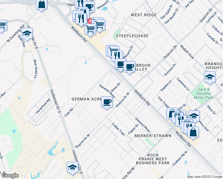 map of restaurants, bars, coffee shops, grocery stores, and more near 134 Knox Drive in College Station