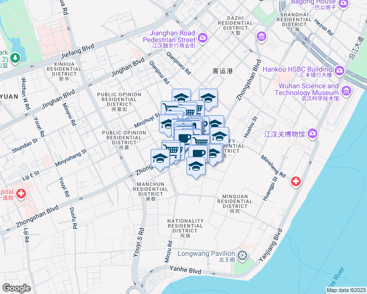 map of restaurants, bars, coffee shops, grocery stores, and more near Zhong Shan Da Dao in Wu Han Shi