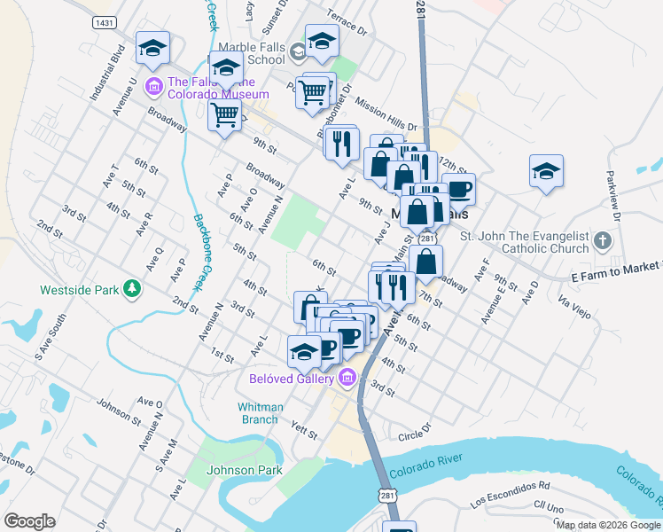 map of restaurants, bars, coffee shops, grocery stores, and more near 1101 6th Street in Marble Falls