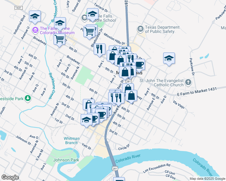 map of restaurants, bars, coffee shops, grocery stores, and more near 911 7th Street in Marble Falls