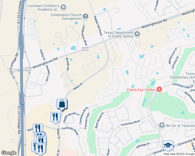 map of restaurants, bars, coffee shops, grocery stores, and more near 750 Westinghouse Road in Georgetown