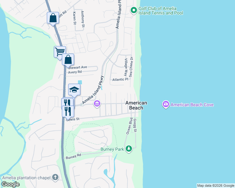 map of restaurants, bars, coffee shops, grocery stores, and more near 5406 Ervin Street in Fernandina Beach