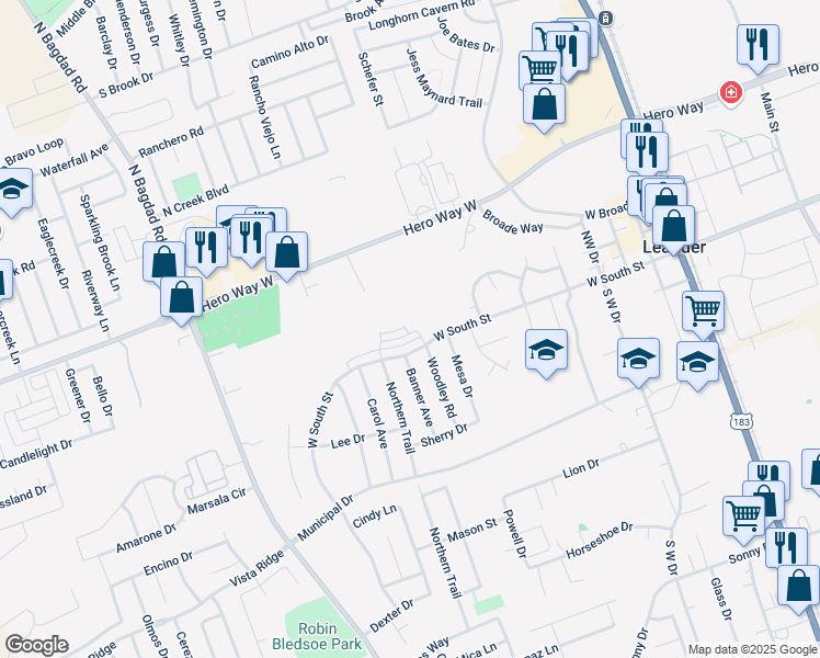 map of restaurants, bars, coffee shops, grocery stores, and more near 603 West South Street in Leander