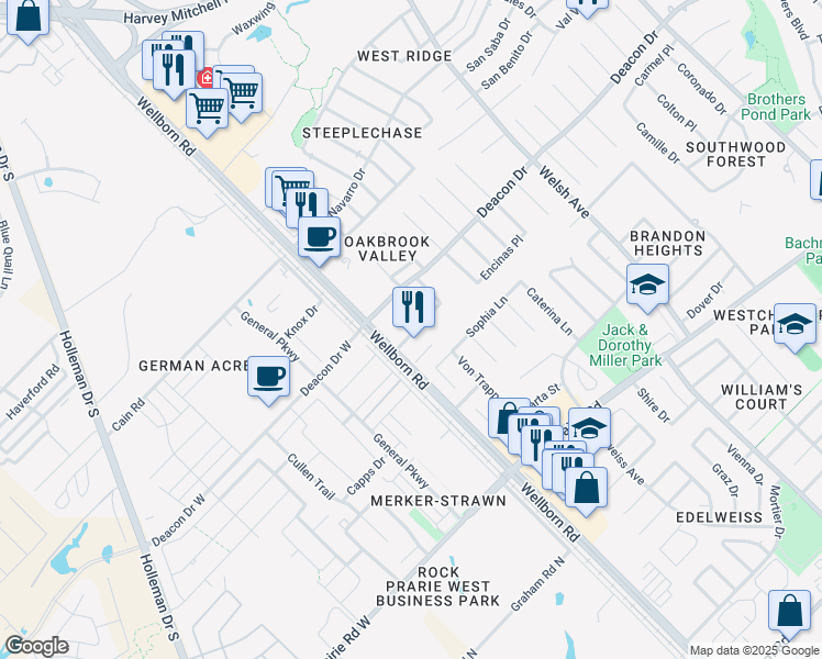 map of restaurants, bars, coffee shops, grocery stores, and more near 203 Fraternity Row in College Station
