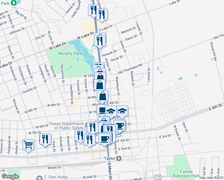 map of restaurants, bars, coffee shops, grocery stores, and more near 909 Washburn Street in Taylor