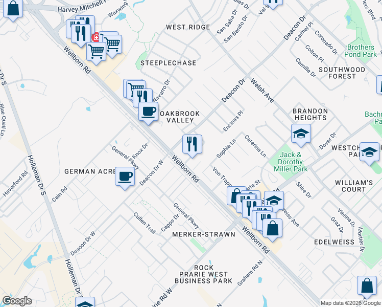 map of restaurants, bars, coffee shops, grocery stores, and more near 203 Fraternity Row in College Station