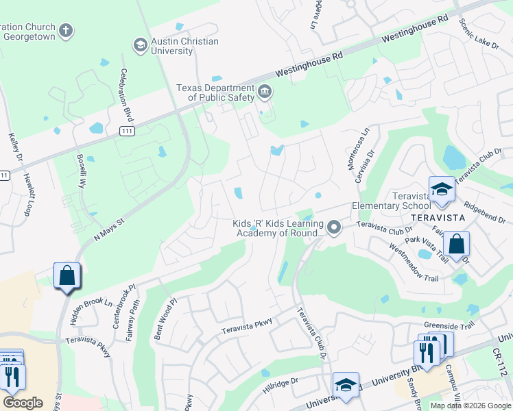 map of restaurants, bars, coffee shops, grocery stores, and more near 4344 Promontory Point Trail in Georgetown