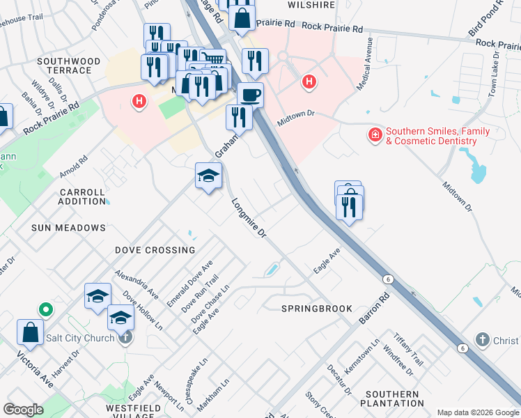 map of restaurants, bars, coffee shops, grocery stores, and more near 3717 Bridle Court in College Station