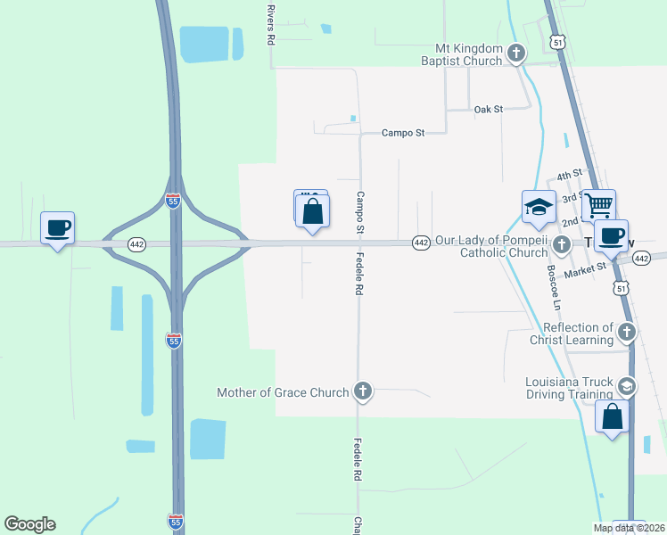 map of restaurants, bars, coffee shops, grocery stores, and more near 14086 Louisiana 442 in Tickfaw