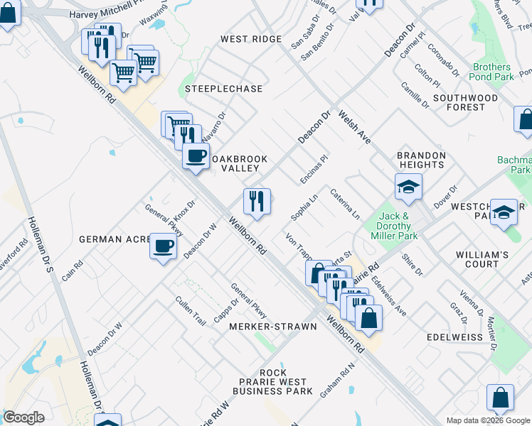 map of restaurants, bars, coffee shops, grocery stores, and more near 318 Fraternity Row in College Station