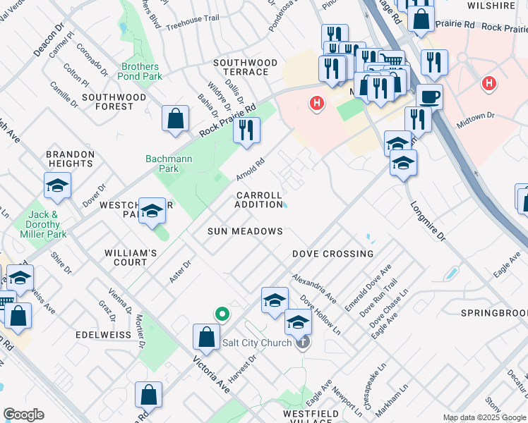 map of restaurants, bars, coffee shops, grocery stores, and more near 3528 Farah Drive in College Station