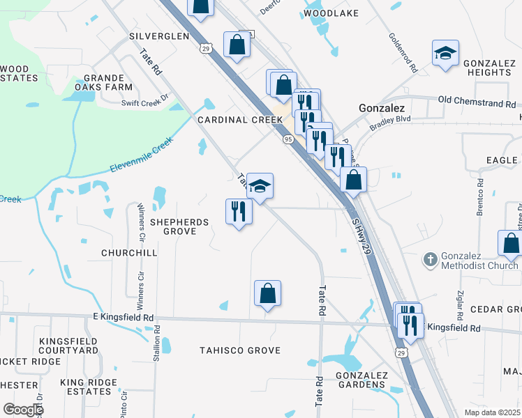 map of restaurants, bars, coffee shops, grocery stores, and more near 1771 Tate Road in Cantonment